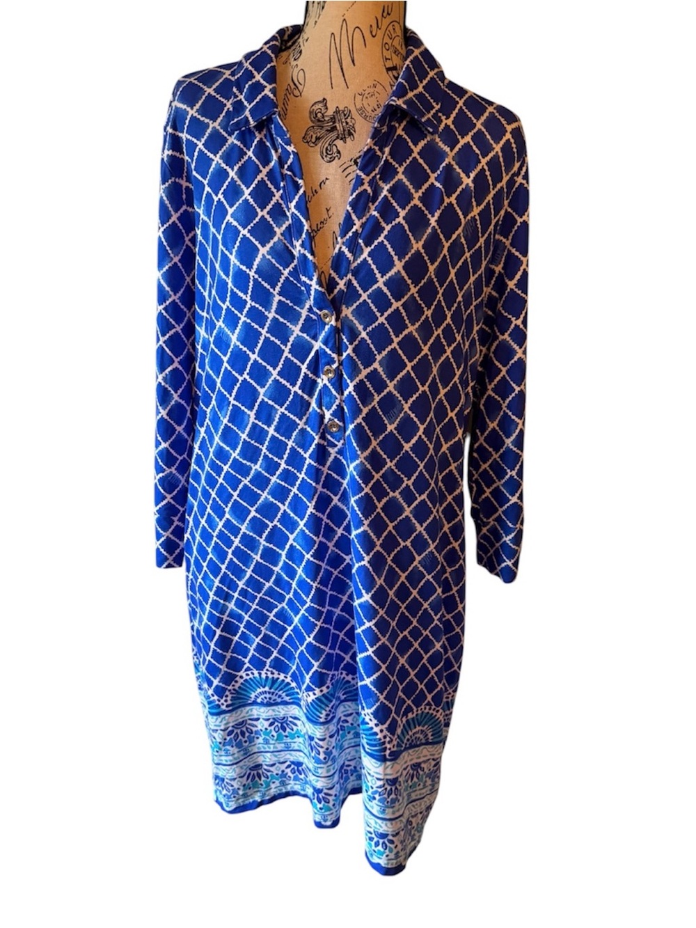 Lilly Pulitzer Dress Blue & White Lattice Print Button-Front Pop Over
